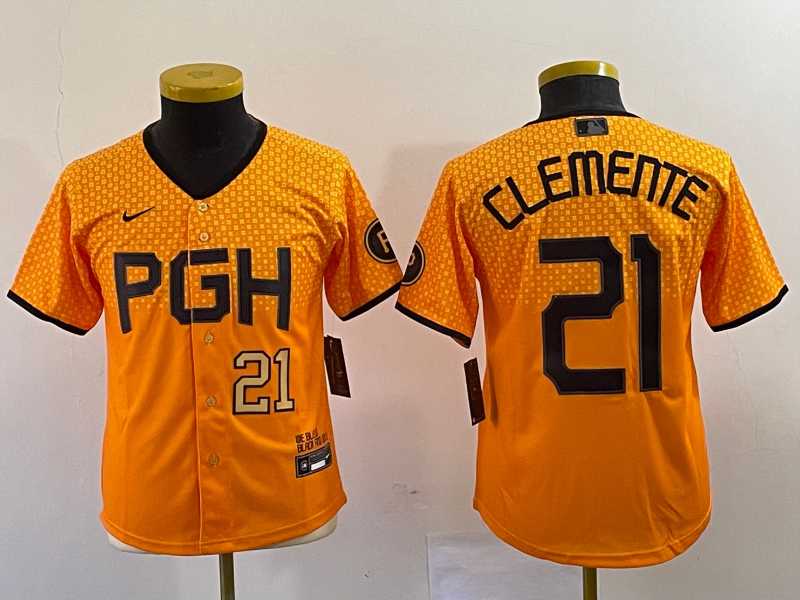 Youth Pittsburgh Pirates #21 Roberto Clemente Number Yellow 2023 City Connect Stitched Jersey1